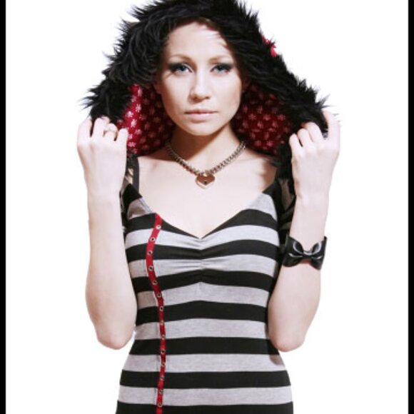 Shrinkle Fur Skull Hoodie Dress Small Black Gray Striped Studded y2k Punk Goth - Picture 1 of 14